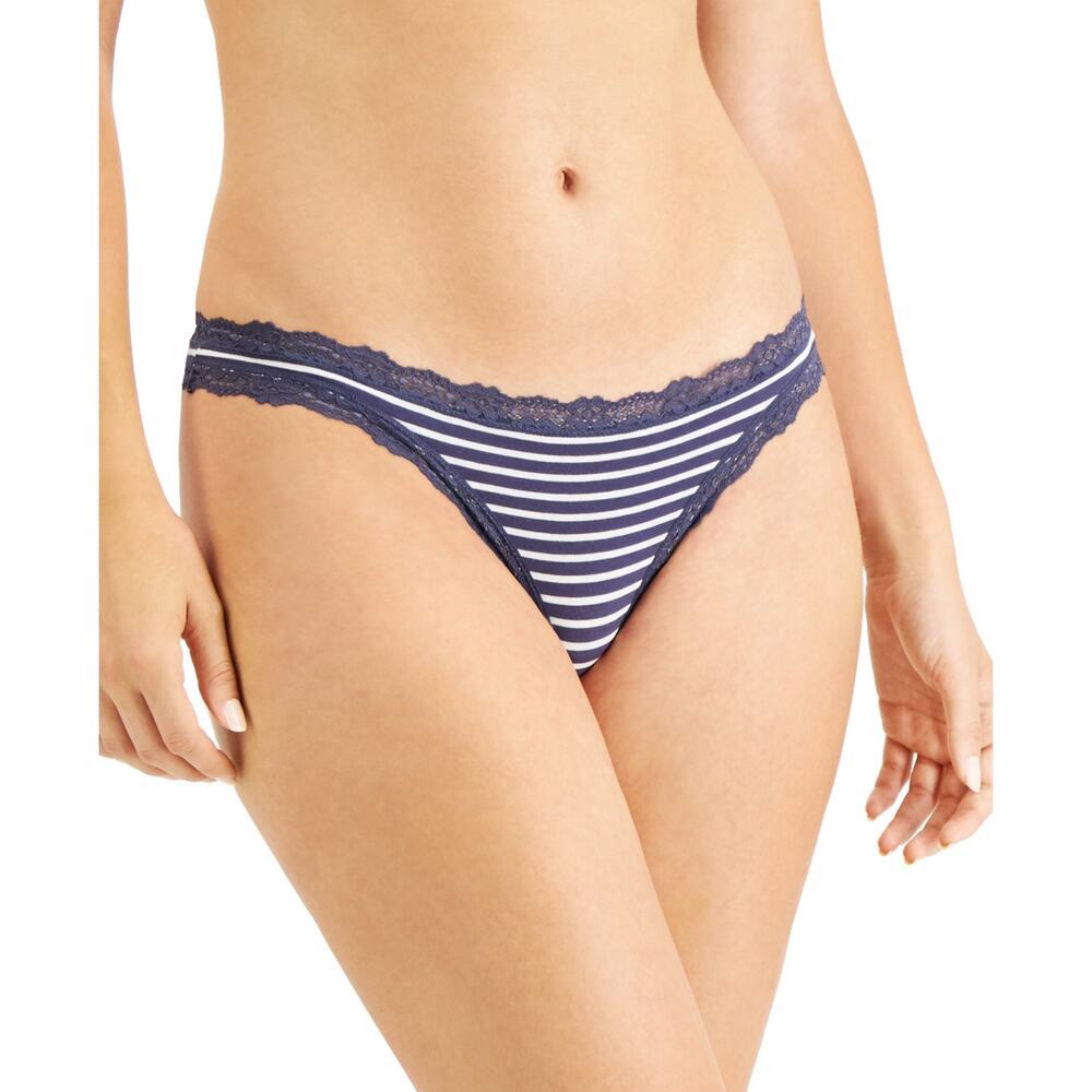 Jenni Women's Lace-Trim Thong Panties Nairobi Stripe Navy NWT Plus Size XXL